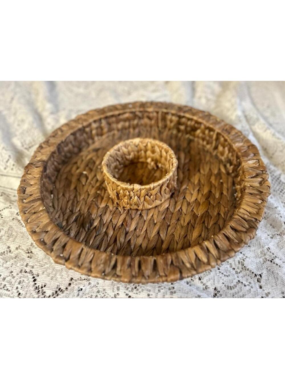 Handwoven Natural Fiber Round Tray with Center Ring